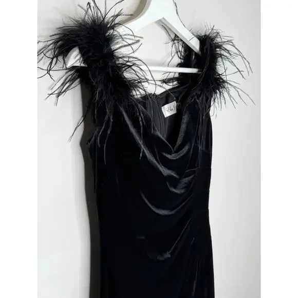Eliza J. Velvet Feather Trim Cowl Neck Ruched Side Maxi Dress Black Women Size 6 - Picture 4 of 11